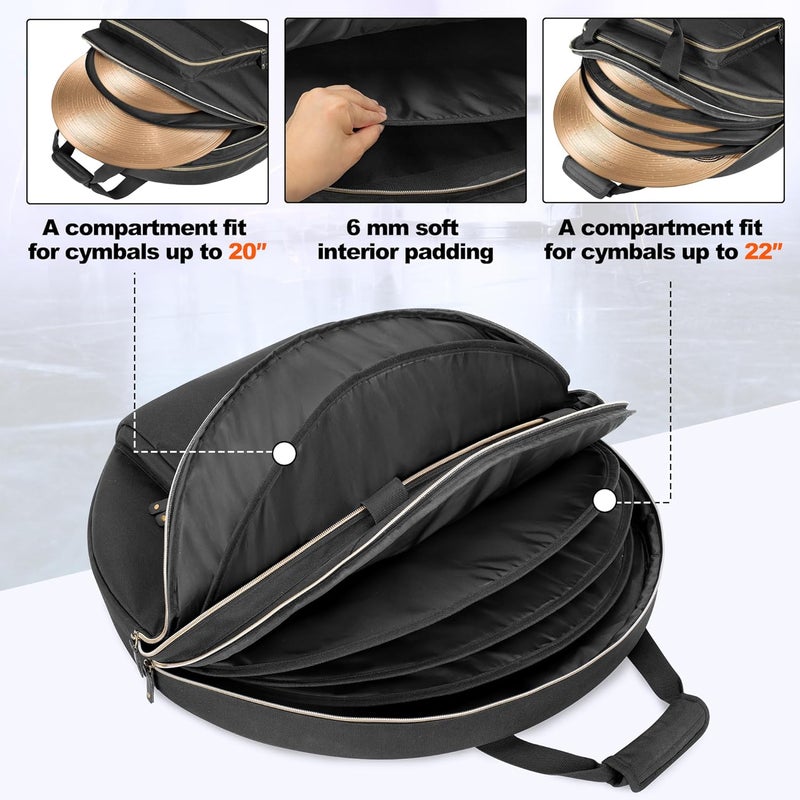 Damero 22" Cymbal Bag, Double Layer Cymbal Case with 6mm Padded Divider, Handles and Backpack Straps for Drum Cymbals and Accessories - Image 2
